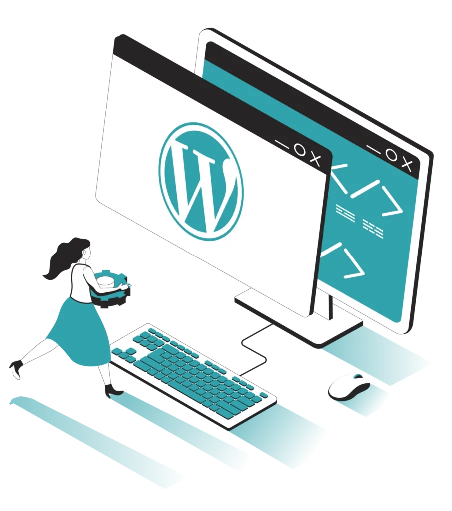 Grafik einer Frau, die symbolisch mit einem Einstellungsrad WordPress konfiguriert